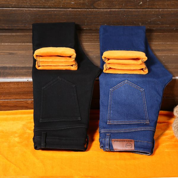 

cholyl brand men winter thick warm fleece denim jeans mens keep warm overalls trousers washed wool pants plus size 27-36, Blue