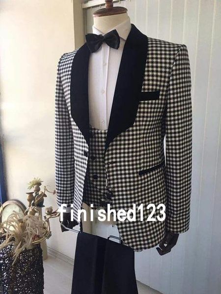 Custom Made Um Botão Houndstooth Casamento Noivo Smoking Xaile Lapela Groomsmen Mens Ternos Do Partido Do Negócio (Jacket + Pants + colete + Gravata) NO: 1398