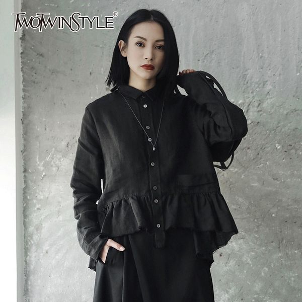 

twotwinstyle linen women's shirt long sleeve ruffles high waist asymmetrical blouse female spring fashion clothing 2018, White