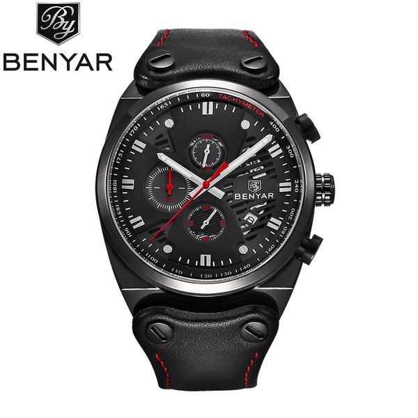 

benyar 2018 new skeleton calendar men's watches chronograph real three dial waterproof 30m outdoor hollow sports watch, Slivery;brown