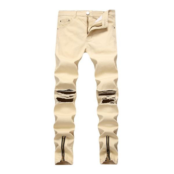 

2018 new products men's the new khaki trousers zipper cowboy casual trousers elasticity tight holes foreign trade men pants, Blue