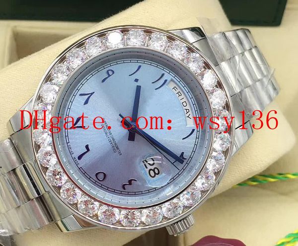 Luxo Big Diamond Relógio de Pulso Day-Date 228206 Platinum Edição Limitada Ice Blue Script Árabe Dial máquinas automáticas Movimento Mens Watch