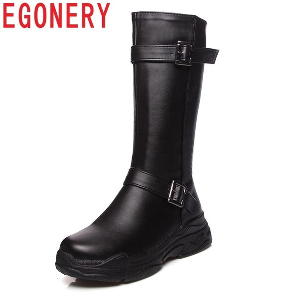 

egonery 2018 new women concise casual mid calf boots winter warm round toe med wedges platform metal buckle slip-on ladies shoes, Black