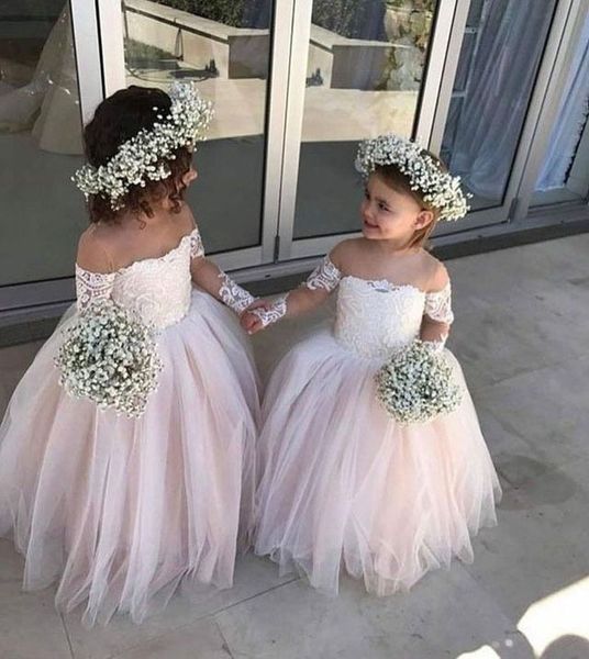 

new arrival off shoulder light pink tulle ball gown floor length flower girl dress with long sleeves, White;blue