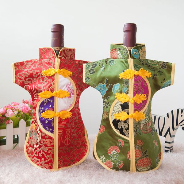 10 sacchetti per bottiglie di vino in tessuto di raso con nodo cinese, parapolvere decorativo, sacchetti in broccato di seta, accessori natalizi per matrimoni