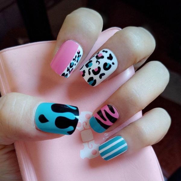 

24pcs blue green flat fake nail tips leopard acrylic false nail diy art decoration daily style, Red;gold