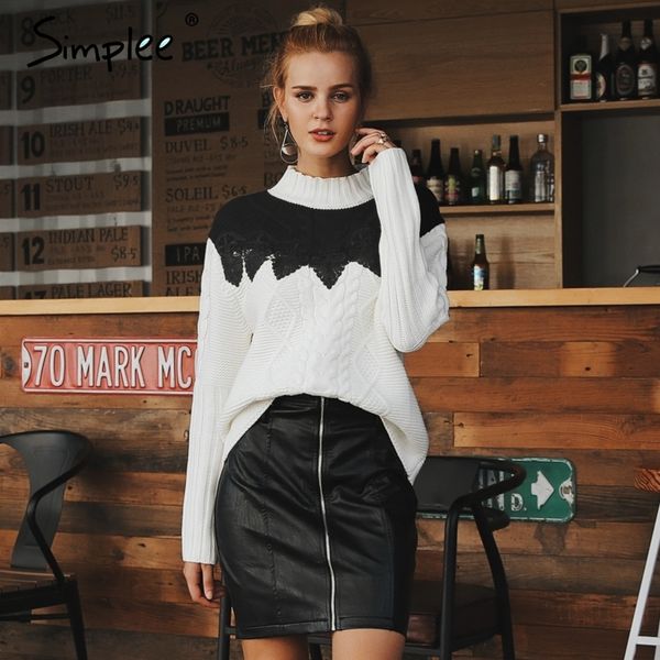 

simplee turtleneck lace splice knitted sweater women elegant twist white long sleeve autumn winter sweater 2018 pullovers female, White;black