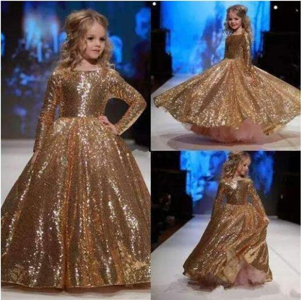 

2019 gold sequins long sleeve little girl pageant dresses ball gown princess baby girl first birthday dresses, White;red