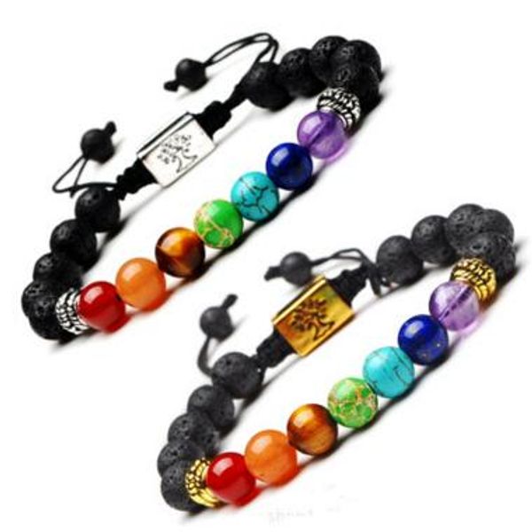 

fashion black lava stone essential oil diffuser bracelet square tree of life 7 chakra beads women men yoga buddha bracelets, Golden;silver