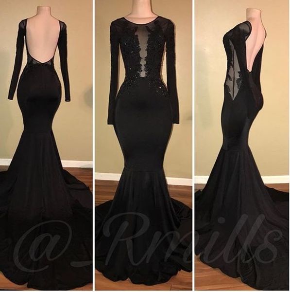 

2018 african black mermaid prom dresses long sleeves open back appliques beads sweep train see through evening party gowns