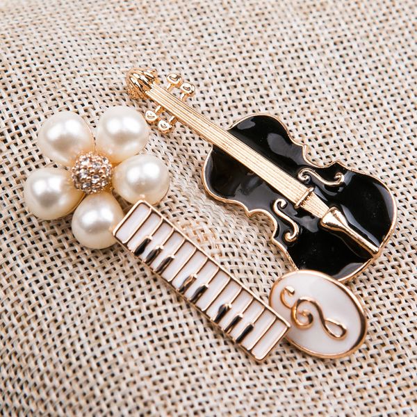 

i-remiel new design violin guitar piano beaded flower music notation enamel brooch pin guitarra corsage gift for music teacher, Gray