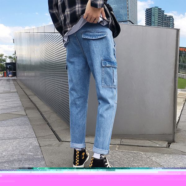 

autumn and winter new men's youth cotton polyester fashion solid color simple casual jeans temperament personality wild, Blue