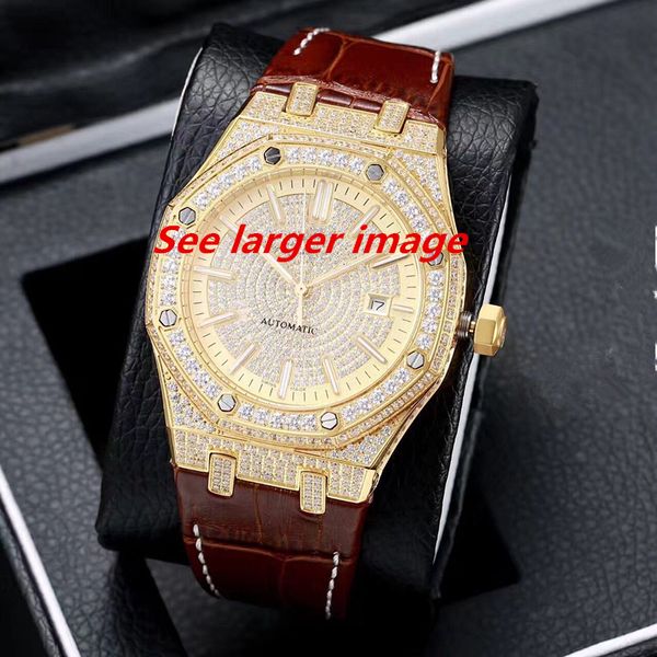 

Aaa men automatic full diamond ro e gold ca e watch gla back black leather iced out luxury wri twatch apphire cry tal