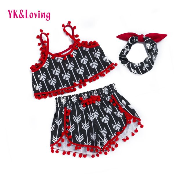 

summer girl clothing sets t-shirts +shorts 3pcs/set baby arrow print girls kids for children clothes 1-4t baby suit, White