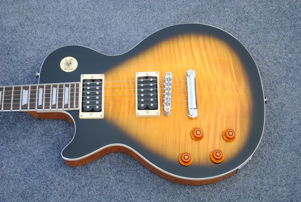 

left-handed electric guitar with tobacco sunburst body,flame maple veneer,2 open humbucker pickups,can be customized