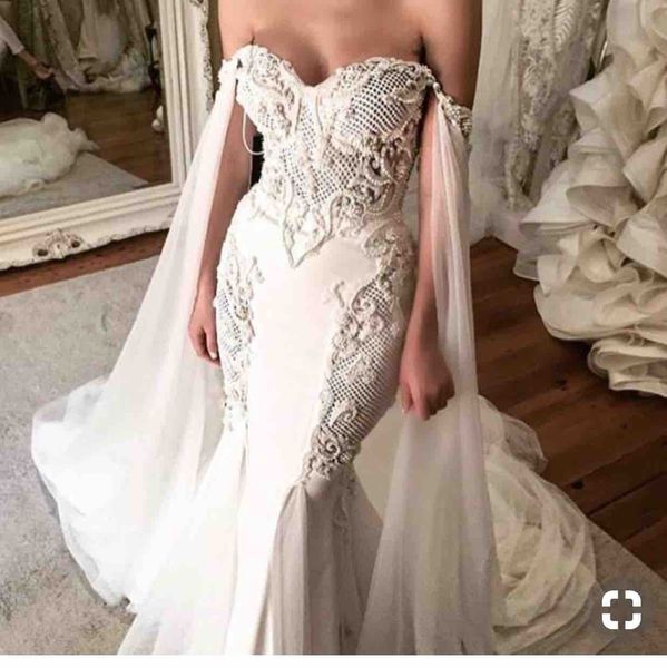 

2019 сексуальная русалка свадебные платья с обернуть с плеча милая дубай кружева аппликация свадебные платья на заказ бисером свадебное плат, White