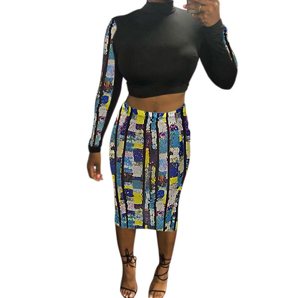 

new fashion women printed dresses long sleeve bodycon crop +skirts dresses two pieces sets vestidos de festa, White