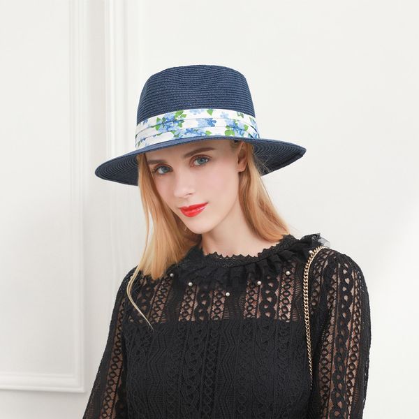 

lady fedoras sun cap new rice white thick paper straw jazz cap lady hackcloth hats shade sunscreen hat adjust b8992, Blue;gray