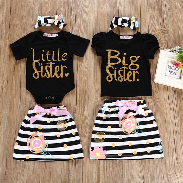 Criança roupa do bebê Roupas Crianças Meninas Roupas Set irmã mais velha T-shirt Saia Little Sister Romper saia Headband Mesma roupa Familiares