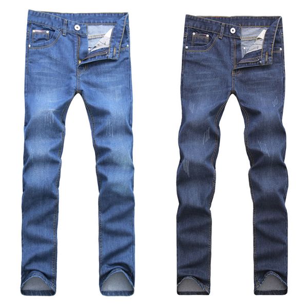 

fashion men's denim jeans straight scratched men jeans pants smart casual darkblue lightblue trousers, Blue