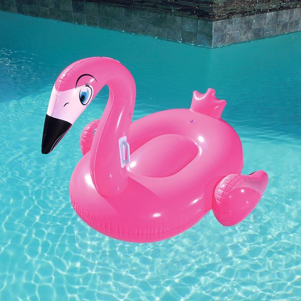 

53inch inflatable prey pink flamingo rider for girls kids swimming pool float water fun toys ride-on beach maress