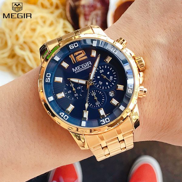 

chronograph men's quartz watches megir stainless steel band waterproof calendar male clock business man watch montre homme, Slivery;brown