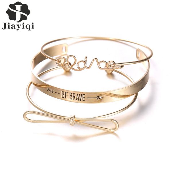 

jiayiqi fashion 3pcs/set women gold & sliver color bracelets set bowknot lettering open cuff bangles suit for women jewelry, White