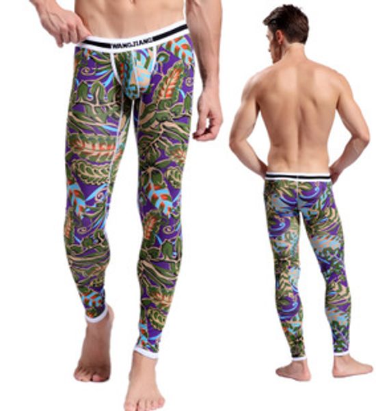

printed men's thermal underwear cotton long johns pants pouch men legging tight pajama bottom sleep pant low rise wangjiang, Black;white