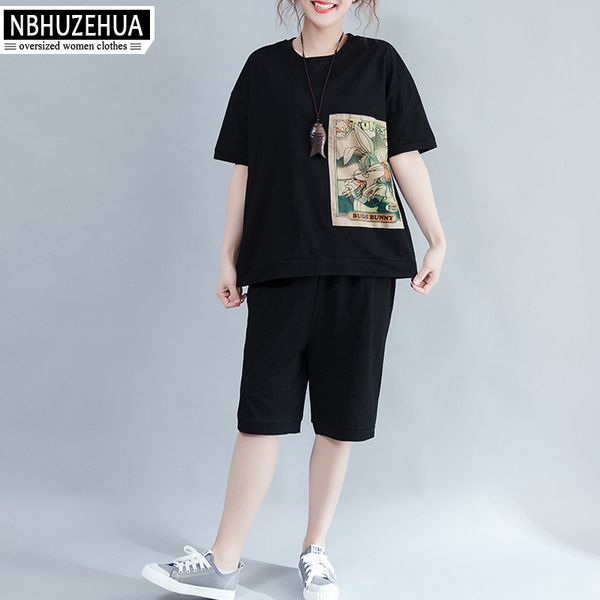 

nbhuzehua a229 women's two piece set shorts+summer for women 2018 cartoon print tracksuit plus size 4xl 5xl, White