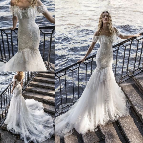 

lian rokman 2018 mermaid beach wedding dresses bohemia off the shoulder lace appliqued beads bridal gowns vestido de novia, White
