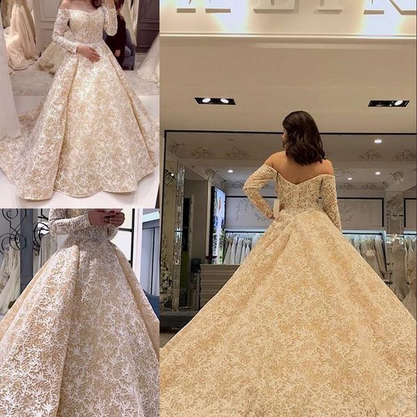 

champagne long sleeve plus size wedding dresses off shoulder sweep train bridal gowns 2018 ball gown wedding dress, White