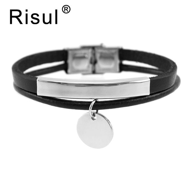 

risul women leather double rope disc charm stainless steel tube blank for personalized print logo name bracelets wholesale 5pcs, Black