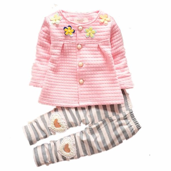 

baby grils clothes cotton flower long sleeved jacket coat stripe pants 2pcs/sets, White