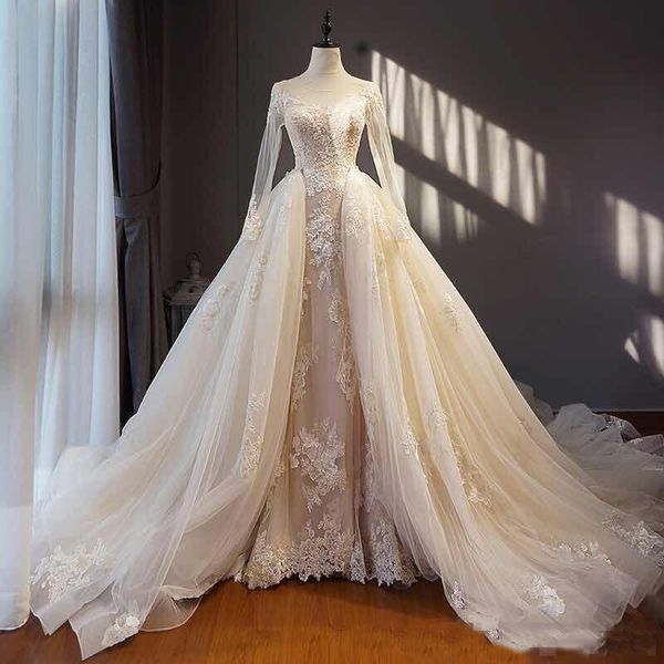 

Modest Zuhair Murad Wedding Dresses With Detachable Skirt Sheer Long Sleeves Lace Bridal Gowns Real Image Corset Back Wedding Dresses