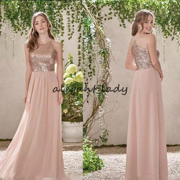 

rose gold bridesmaid dresses a line spaghetti backless sequins chiffon long beach wedding gust dress maid of honor gowns, White;pink