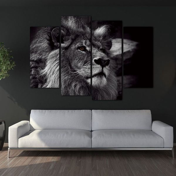 Acheter Tête De Lion Portrait Mur Art Peinture Noir Et Blanc Gris Photos Impression Sur Toile 4 Panneaux Moderne Image Animale Pour La Décoration