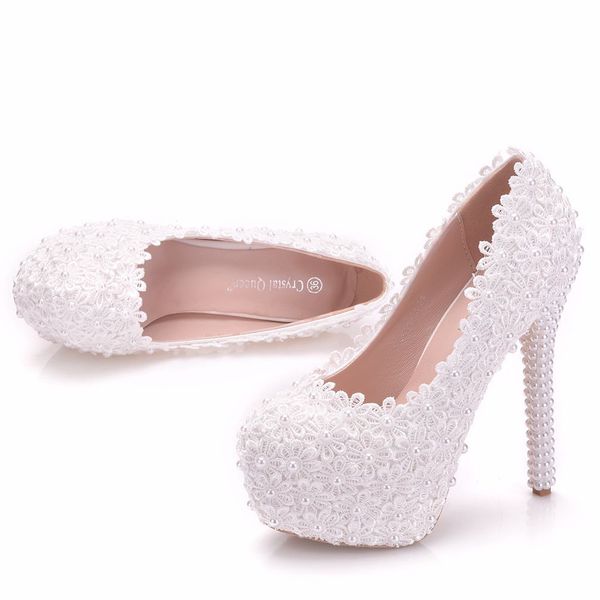 

new handmade fashion round toe shoes for women white pearls high heel wedding shoes lace flowers super heels plus size bride shoes, Black