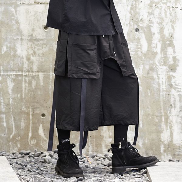 

men fashion show casual japan streetwear kimono skirt pant male loose wide leg pants punk gothic hip hop ribbon harem trousers, Black