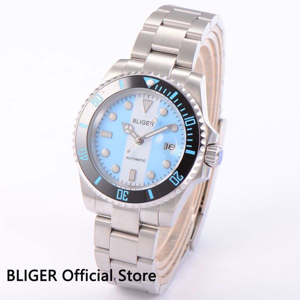 

classic bliger 40mm blue white dial black ceramic bezel date magnifier sapphire luminous miyota automatic movement men's watch, Slivery;brown