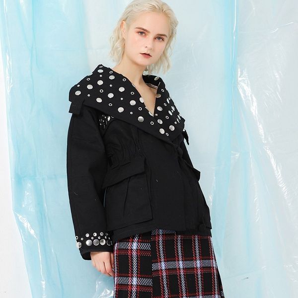 

rivet eyelet female jacket coat lapel long sleeve big sizes jackets for women 2018 spring autumn fashion streetwear fashion q829, Black;brown