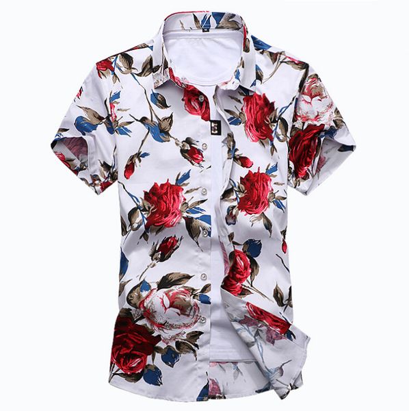 

fashion cotton rose pattern shirts men floral shirts short sleeve slim dress shirt mens camisa masculina plus size -7xl, White;black