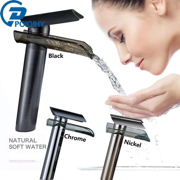 

glass basin bathroom faucet waterfall deck mount mixer tap brass chrome & orb & brushed nickel morden basin sink faucets