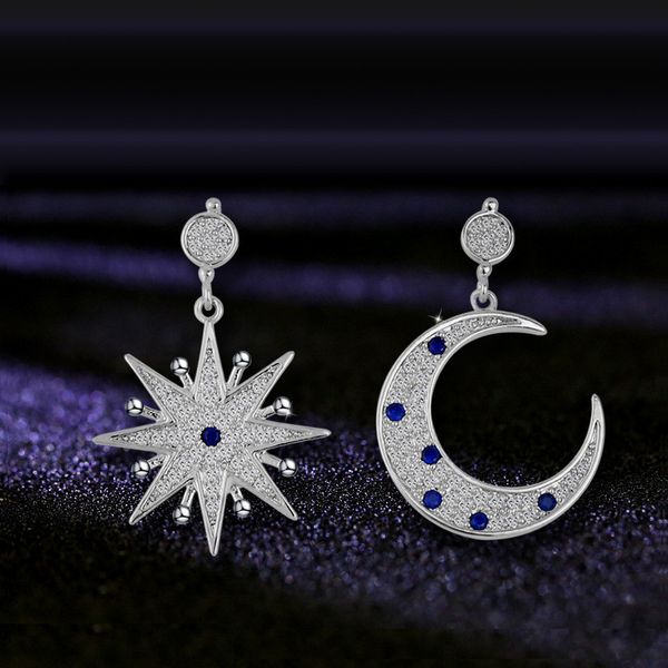 Vecalon estilo clássico Sun Moon Dangle Brinco 5a Zircão CZ Branco ouro enchido aniversário casamento soltar brinco para mulheres