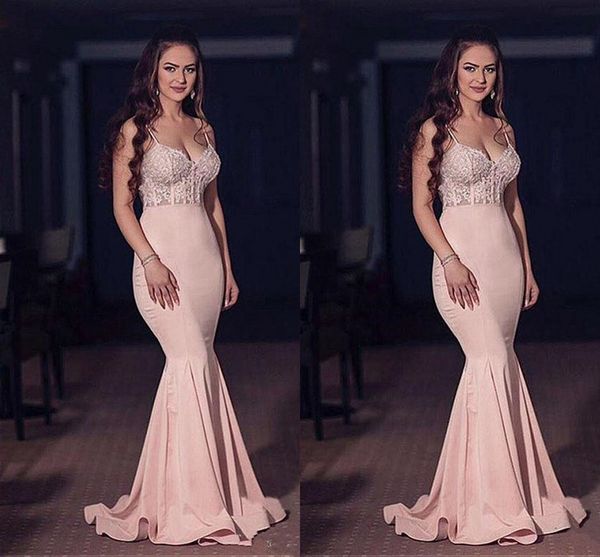 

2018 pink satin spaghetti straps neckline mermaid prom dresses with charming beaded lace appliques evening party dresses custom made, Black