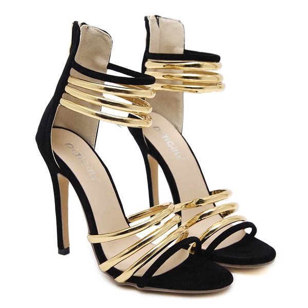 

new fashionl women high heel pumps open toe elegant western style metal decoration sandals tassel balck lady party shoes plus size, Black