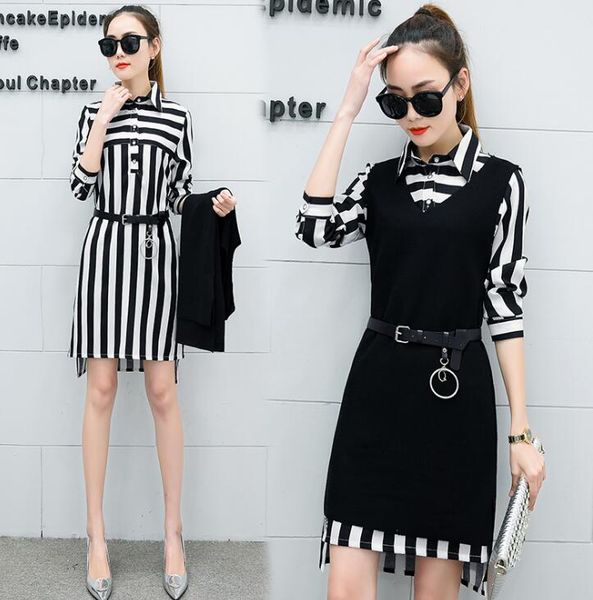 

women's 2018 spring and summer stripes waist was thin split v-neck suit knitted vest dress female two-piece, White;black