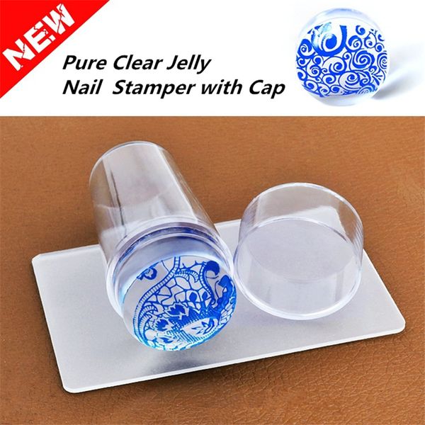 

2017 unique new design pure clear jelly silicone nail art stamper scraper with cap transparent 2.8cm nail stamp stamping tools, White