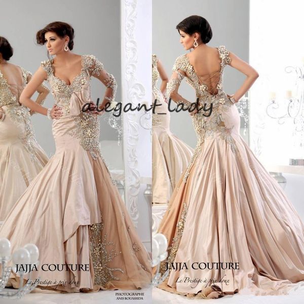 

vintage evening dresses arabic jajja-couture champagne long sleeve beading ruffled embroidery sheer long sleeve formal prom dress gowns, Black;red