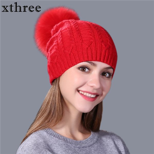 

xthree real fur pom poms winter hat for women warm wool beanie knitted hat for girl thick female wool cap brand 2017 new, Blue;gray