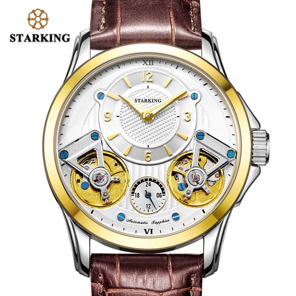 

starking men watches double leather mechanical watches for men waterproof hind-wind steel wristwatch, Slivery;brown